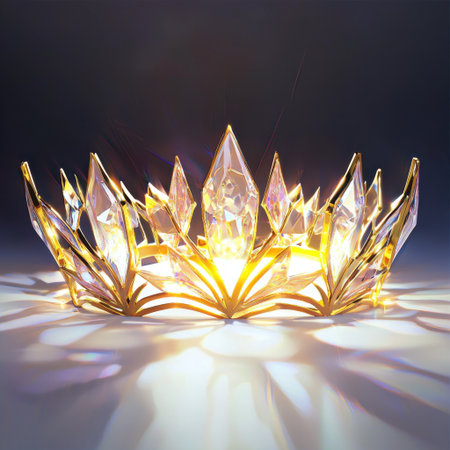 A stunning crystal crown radiates elegance and luxury, illuminated by shimmering light. Perfect for events, photography, and creative projects showcasing beauty.の素材