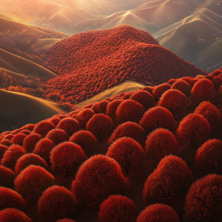 A stunning landscape featuring vibrant red trees on gently rolling hills during a captivating sunset. The warm light creates a serene and breathtaking atmosphere.の素材