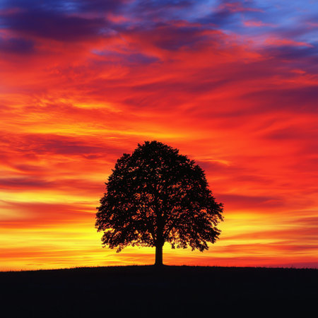 A striking silhouette of a lone tree beautifully contrasts against a vibrant sunset sky filled with warm colors. A serene and tranquil outdoor scene.の素材
