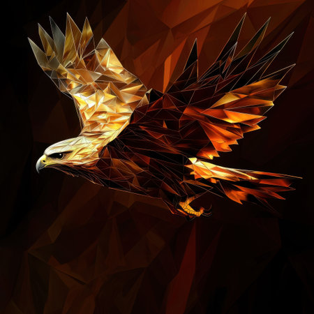 This vibrant low-poly artwork features a majestic eagle in flight against a dramatic orange background, showcasing beauty and strength in a unique geometric style.の素材