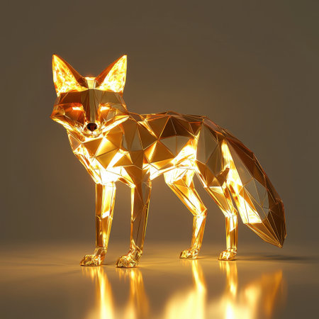 Eye-catching geometric sculpture of a fox, radiating warm light. Perfect for modern decor, this unique piece combines artistry and craftsmanship, enhancing any space.の素材