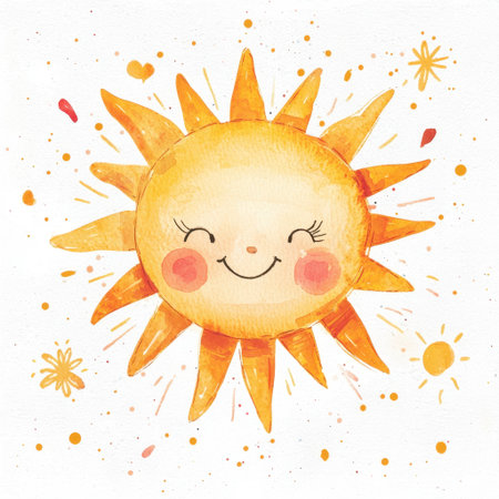 This charming illustration features a happy smiling sun character in a vibrant watercolor style. Perfect for children's decor or playful settings.の素材
