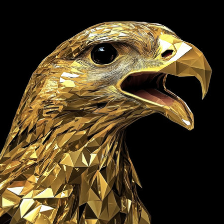 A striking golden eagle head rendered in geometric style, featuring sharp angles and vibrant colors. This art piece captures the bird's fierce beauty and majesty.の素材