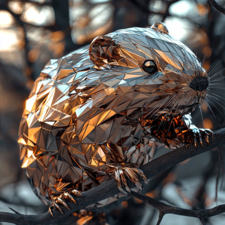 Unique geometric sculpture of a stylized rodent with a shiny, metallic surface, showcasing intricate details and vibrant colors, perfect for modern art enthusiasts.の素材