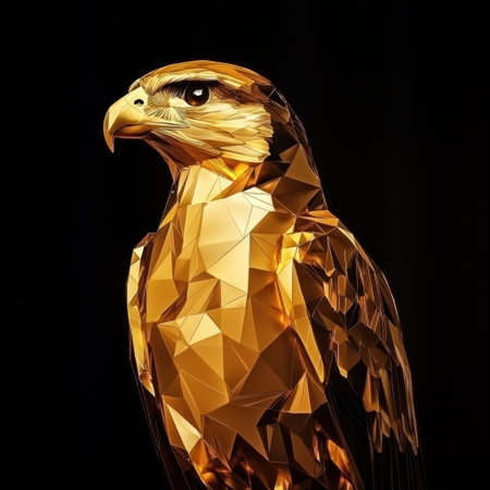 This artwork showcases a stunning golden falcon in a low poly art style, highlighted against a dark background. The geometric design captures the beauty and elegance of this bird.の素材