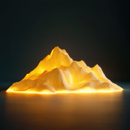 This abstract 3D rendering showcases a glowing mountain formation with bright lines against a dark background, creating a unique visual experience.の素材