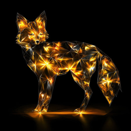 A beautifully crafted geometric representation of a fox, illuminated with golden sparkling lights against a deep black backdrop, evoking a sense of magic and creativity.の素材