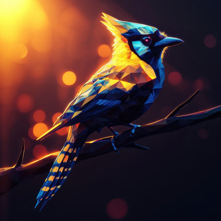 A stunning colorful abstract bird with geometric shapes perches on a branch, illuminated by warm sunset light, creating a captivating visual experience.の素材