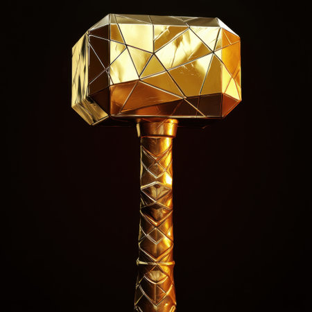 A visually striking gold hammer featuring a geometric design with a polished surface, perfect for symbolizing strength and elegance in artwork.の素材