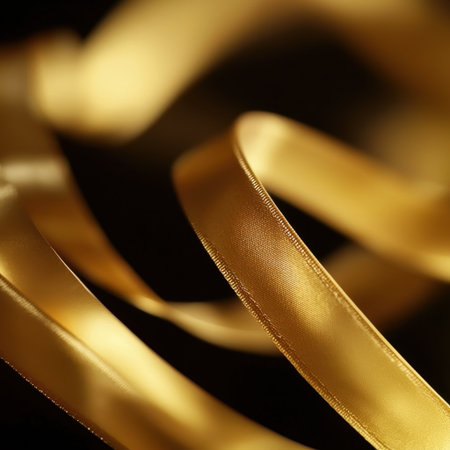 This image showcases an elegant golden ribbon with a smooth texture on a dark background, ideal for creative designs, festive themes, and decorating gifts.の素材