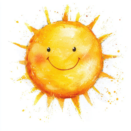 This charming watercolor illustration features a smiling sun radiating warmth and happiness. Perfect for children's designs, summer themes, or cheerful projects.の素材