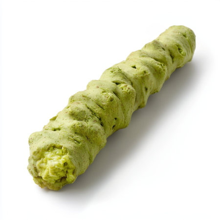 Fresh wasabi root on a white background, highlighting its unique texture and vibrant green color, perfect for culinary applications and Japanese dishes.の素材