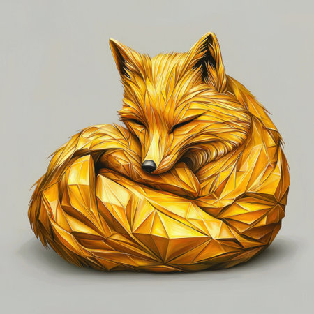 This geometric illustration features a golden fox curled up in a cozy sleeping pose, showcasing intricate triangular designs and a warm color palette.の素材