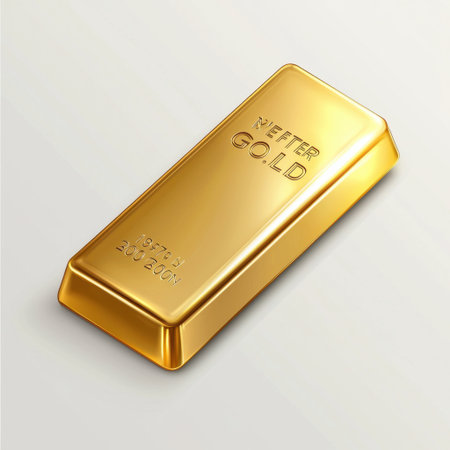 A stunning gold bar placed on a smooth, light background, displaying its shiny surface and intricate engravings. Ideal for financial themes and luxury concepts.の素材