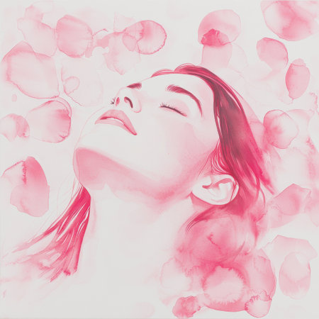 A delicate portrait of a woman captured in soft pink watercolor, exuding tranquility and beauty. The gentle hues create an ethereal and calm atmosphere.の素材
