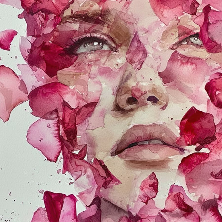 A stunning artistic portrait featuring a woman enveloped in soft pink petals, capturing beauty and emotion in a serene and vibrant composition.の素材