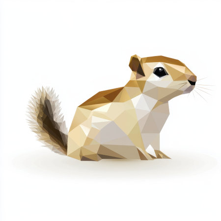This colorful polygonal illustration features a cute cartoon squirrel in a playful pose, showcasing a vibrant design that highlights its unique geometric shapes.の素材
