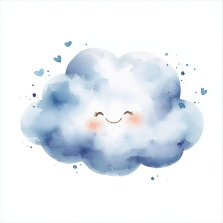 This adorable watercolor illustration features a smiling cloud with charming details and soft blue tones, perfect for nursery decor or whimsical design projects.の素材