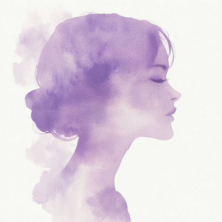 This stunning illustration features the silhouette of a woman in profile, accentuated by a watercolor purple background, embodying elegance and creativity.の素材