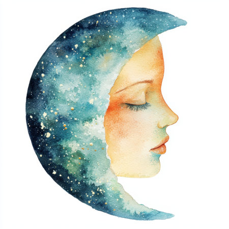 This captivating watercolor illustration features a serene moon and an abstract face, creating a dreamy and tranquil atmosphere. Ideal for art lovers.の素材