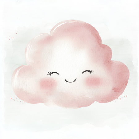 A charming pink cloud with a smile and soft watercolor effect, perfect for children's decor. Ideal for nursery themes, conveying joy and whimsy.の素材