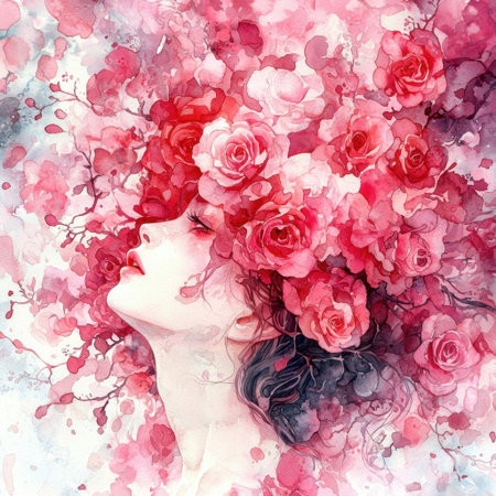 A stunning watercolor portrait of a woman with flowing hair, adorned with a vibrant crown of pink roses, radiating beauty and serenity.の素材