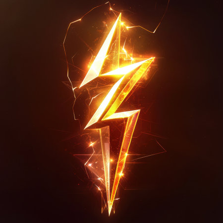 This captivating image features a glowing lightning bolt symbol, radiating with fiery orange and golden hues, ideal for conveying energy and power.の素材