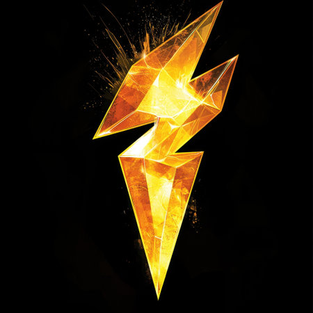 A stunning golden lightning bolt with dynamic sparks on a dark background, symbolizing energy and power with its vibrant and modern artistic design.の素材