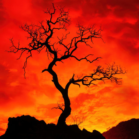 A striking silhouette of a leafless tree stands against a vibrant sunset sky filled with hues of orange and red, creating a serene natural scene.の素材