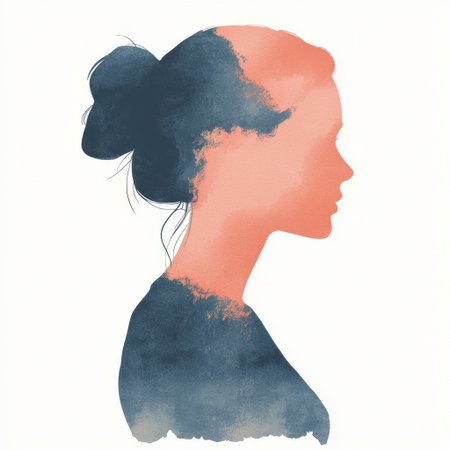 This artistic silhouette illustration features a woman's profile in soothing colors. Ideal for creative projects, banners, and minimalist designs.の素材