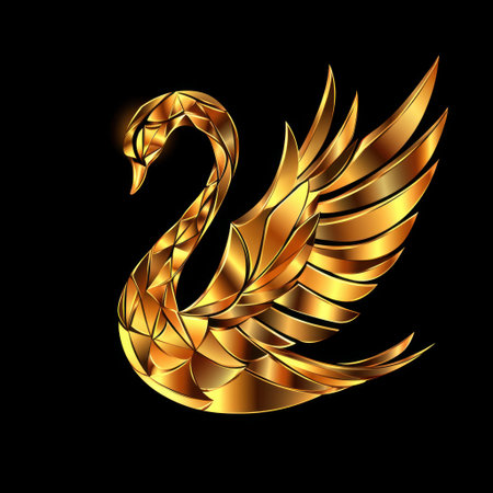 Stunning golden swan artwork showcasing intricate wing details and shimmering feathers, perfect for luxury decor and artistic expressions on a sleek black background.の素材