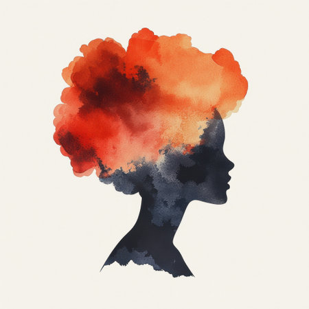 This striking watercolor portrait captures a woman's silhouette adorned with a bold and vibrant hairstyle. The use of vivid colors adds an artistic touch, ideal for creative projects.の素材