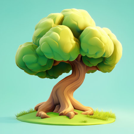 A whimsical cartoon tree with a lush green canopy, presented in a bright environment. Perfect for themes of nature and creativity in design projects.の素材