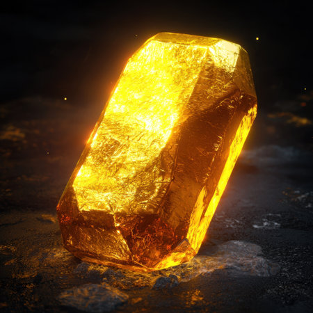 This stunning image features a shiny gold bar glowing in a dark setting, showcasing its beauty and allure. The sparkle and texture evoke luxury and wealth.の素材