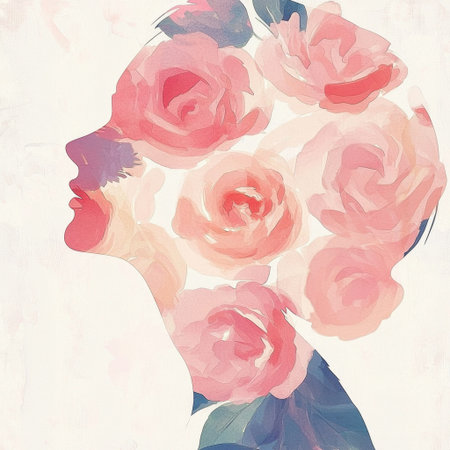 Artistic silhouette of a woman's profile filled with delicate floral roses in soft pastel colors, evoking beauty and serenity, perfect for creative projects.の素材