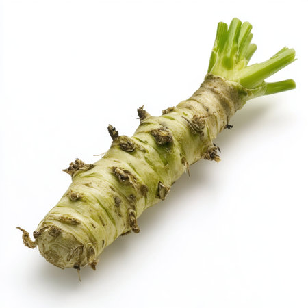 Fresh horseradish root on a clean background, perfect for culinary needs. This spicy root enhances flavors in dishes, ideal for sauces and marinades.の素材
