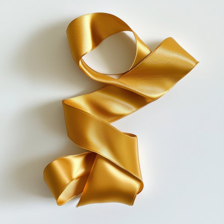 A stunning yellow satin ribbon elegantly curls on a pristine white background, perfect for crafting, decorating gifts, or enhancing special occasions.の素材