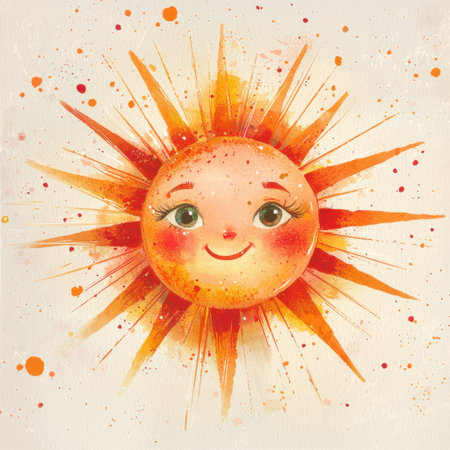 A charming watercolor illustration featuring a smiling sun character, radiant with vibrant colors. Perfect for children's decor or cheerful designs.の素材