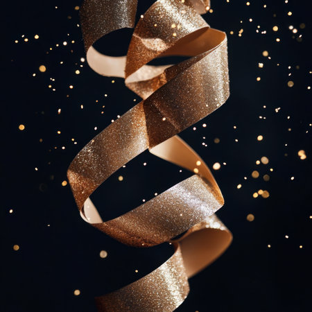 A captivating golden ribbon spirals gracefully against a dark background, enhanced by shimmering bokeh effects, perfect for festive celebrations and elegant designs.の素材