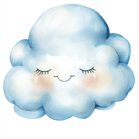 This charming illustration features a cute blue cloud with a smiling face, embodying happiness and calm. Perfect for various design themes and children's art.の素材