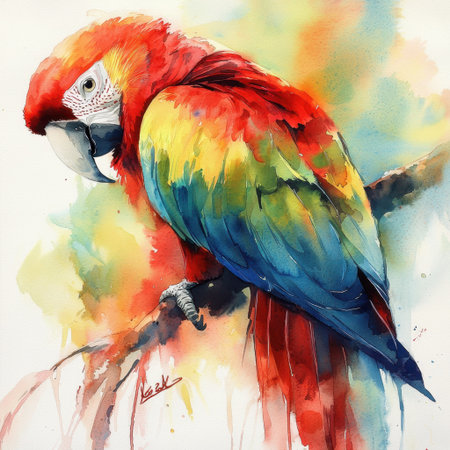 A stunning watercolor artwork showcasing a colorful macaw parrot perched on a branch, highlighting the vivid feathers and natural beauty of wildlife.の素材