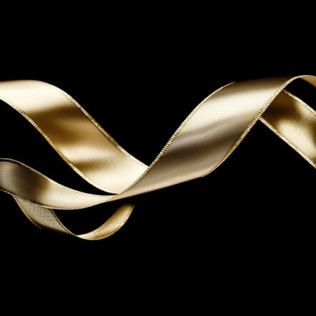 A stunning gold satin ribbon elegantly flows against a black background, perfect for enhancing gift wrapping or festive decorations, showcasing luxury and style.の素材