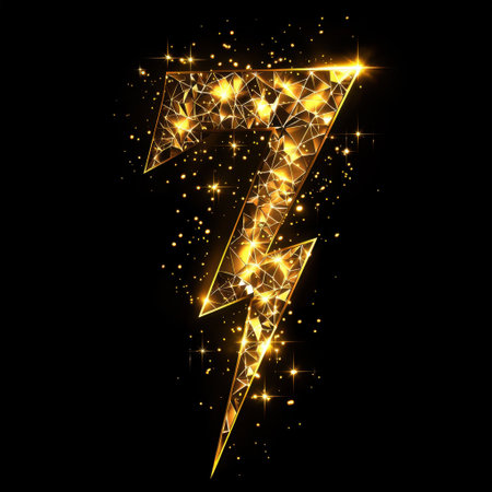 A stunning golden lightning bolt design with sparkling effects on a black background, perfect for conveying energy, power, and creativity in various projects.の素材