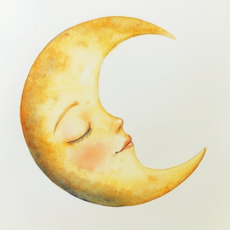 This serene watercolor illustration features a gentle moon face with a soft expression. It exudes tranquility and invokes a dreamy atmosphere, perfect for various creative projects.の素材