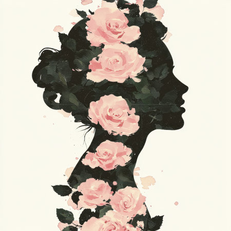 Elegant silhouette of a woman adorned with blooming roses, capturing beauty and femininity through artistic floral composition and gentle colors.の素材