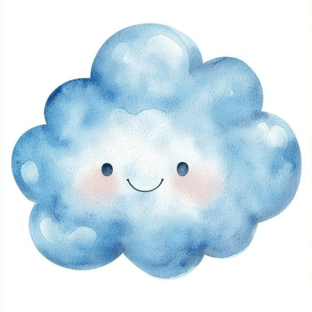 This adorable watercolor illustration features a cute blue cloud with a happy face, perfect for children's illustrations, greeting cards, and playful designs.の素材