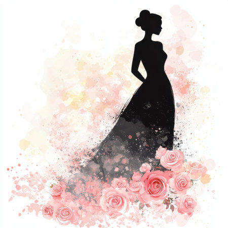 This elegant silhouette of a bride, surrounded by soft pink roses, captures the essence of romance and beauty, making it perfect for wedding themes or feminine designs.の素材