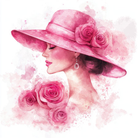 This stunning watercolor artwork features an elegant woman in a pink hat adorned with roses, showcasing beauty and femininity in a graceful profile view.の素材
