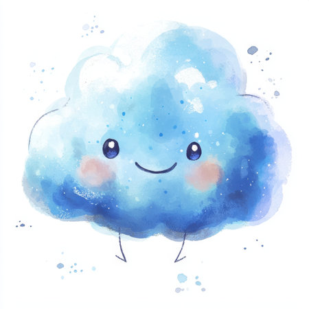 Cheerful cartoon blue cloud character with a smiling face, perfect for children's designs. This delightful illustration brings joy and whimsy to any project.の素材