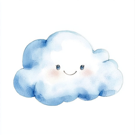 This adorable cartoon cloud features a smiling face and a charming design in soft blue watercolor. Perfect for children's themes, illustrations, and decorative projects.の素材